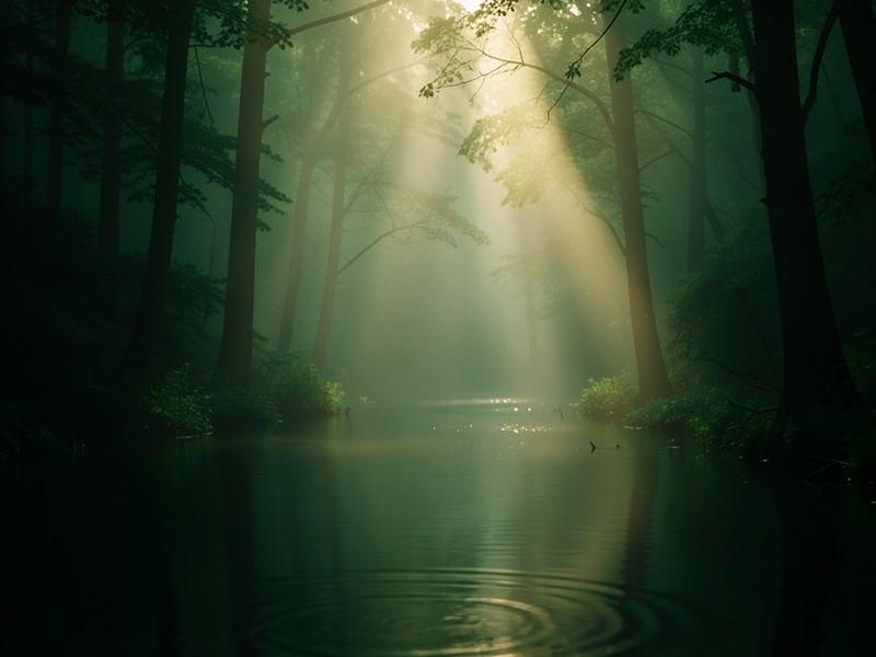 Bosque con niebla, rayos de luz y agua en calma