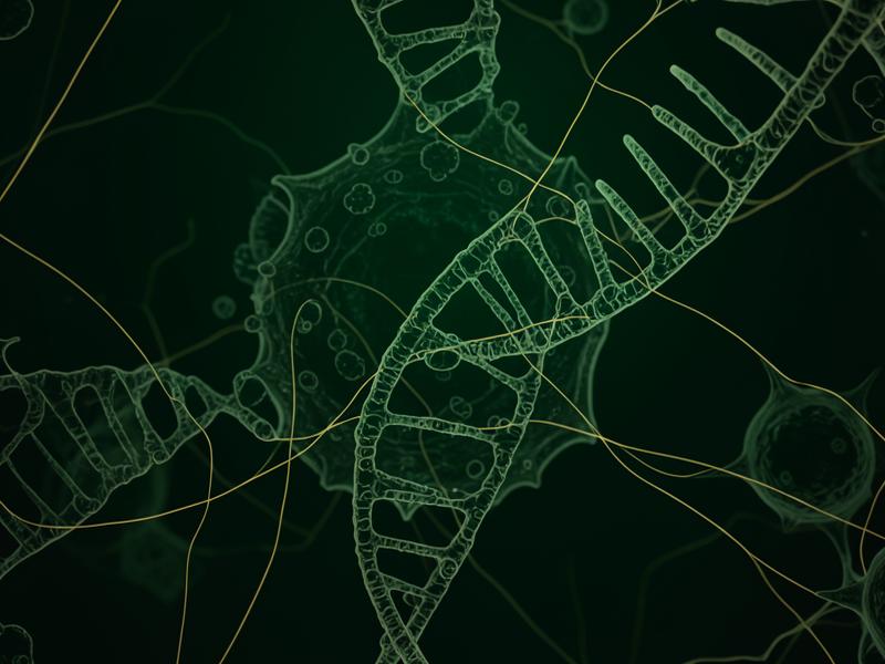 Hélice de ADN y formas celulares sobre verde profundo