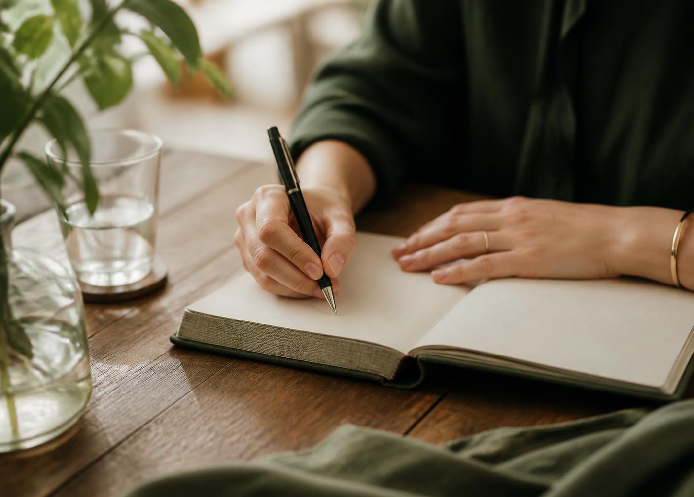 Manos escribiendo en un cuaderno de tapa verde sobre una mesa de madera con luz natural